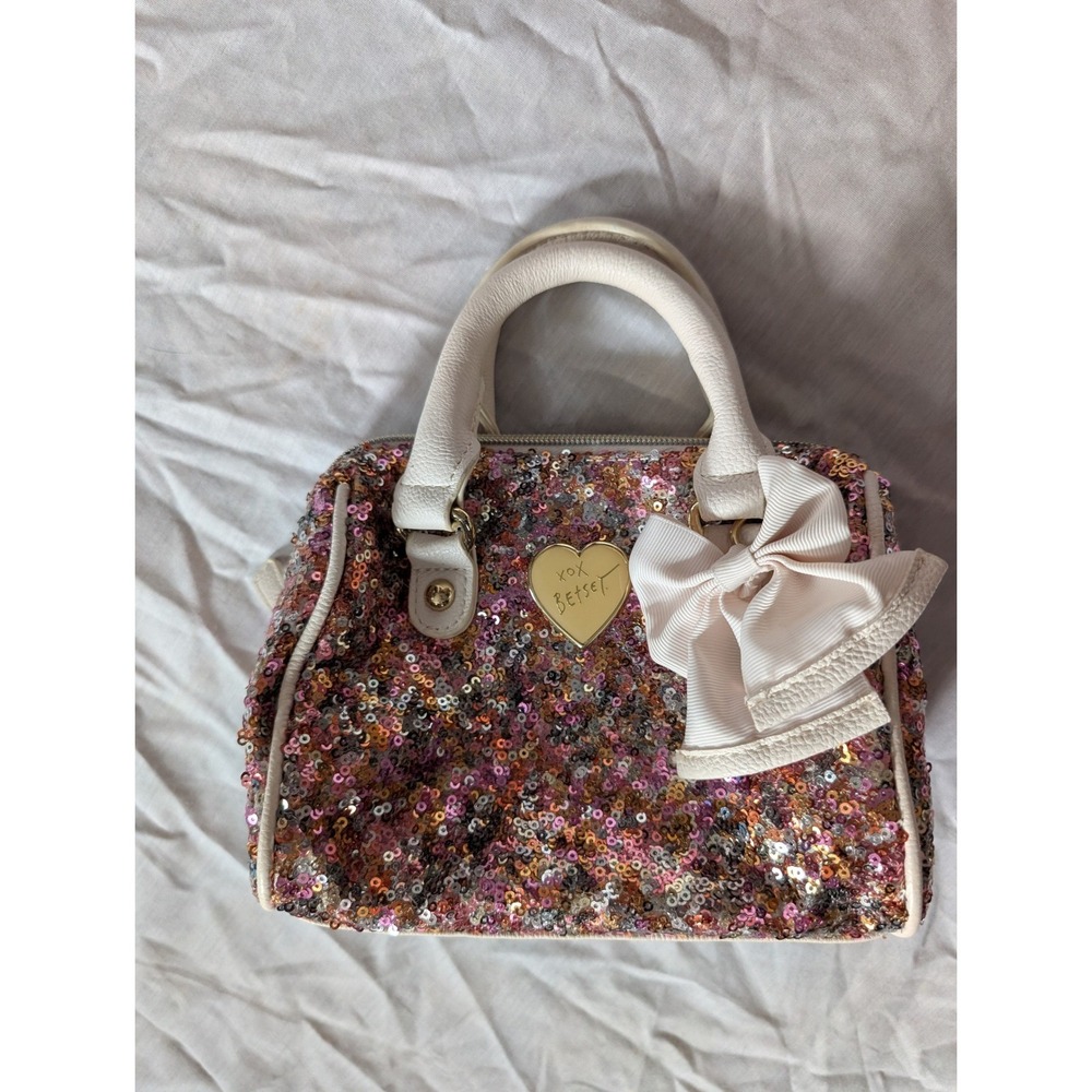 Betsey Johnson Sequin Bow Heart Charm Satchel Handbag Pink Gold Multi Color‎